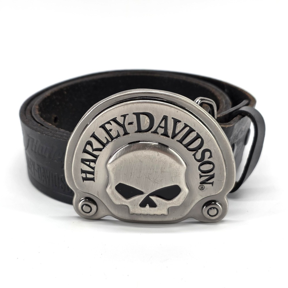Harley Davidson Skull Belt Buckle w/ Black Leather Belt Size 40 Logo Spellout